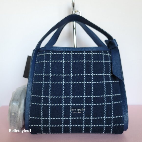 KATE SPADE Knott Denim Check & Leather MEDIUM Crossbody Tote- Indigo Multi